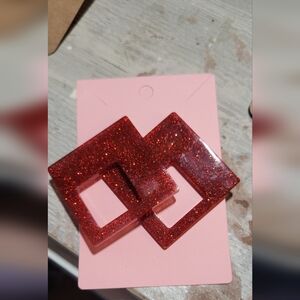 Red Glitter Square Stud Earrings